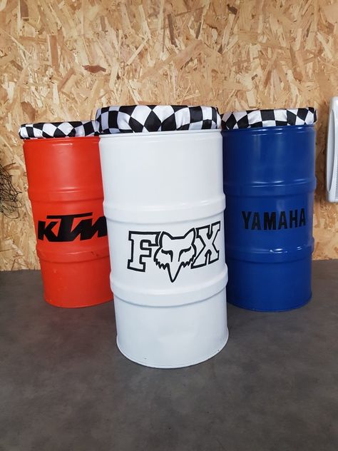 Décoration industrielle, bidon KTM, Yamaha, fox moto Coffee Cans, Motocross, Rugby, Trash Can, Fox, Garage, Canning, Coffee