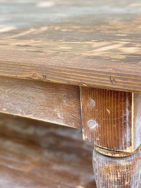 Refinish Farmhouse Table Diy, New Table Top Over Old, Refinished Farmhouse Table, Refinish Pine Table, Coffee Table Refinishing Ideas, Refinishing Table, Old Farmhouse Table, Refinish A Table, Distressed Table Top