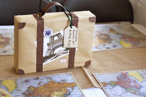 Travel Theme Party Decorations, Suitcase Craft, Paper Suitcase, Box Suitcase, Diy Suitcase, Travel Party Theme, Cereal Boxes, World Party, Travel Theme