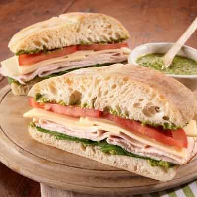 Turkey Pesto Ciabatta from Land O'Lakes Ciabatta Recipe, Lunch Sandwich Recipes, Turkey Pesto, Ciabatta Bread Recipe, Cold Sandwich Recipes, Turkey Sandwiches Recipes, Cooking And Baking Recipes, Vegetarian Sandwich Recipes, Grill Sandwich