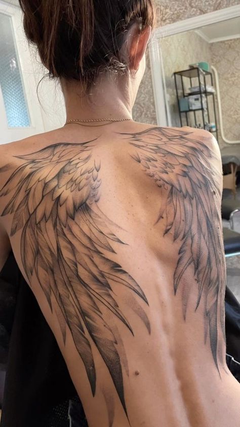 Line Work Angel Wings, Full Back Wings Tattoo For Women, Tattered Wings Tattoo, Fallen Angel Wings Tattoo On Back, Back Tattoos Goth, Back Tattoo Women Wing, Full Back Angel Wings Tattoo, Back Tattoo Wings Women, Angel Wing Back Tattoo Women