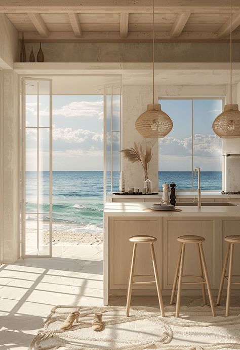 How To Create A Breathtaking Coastal Kitchen - Edward George Modern Boho Kitchen, Japanese Living Room, Coastal Kitchen Design, Japandi Living, Mid Century Modern Minimalist, Modern Farmhouse Living, Hallway Design, Rustic Dining Room, Coastal Colors