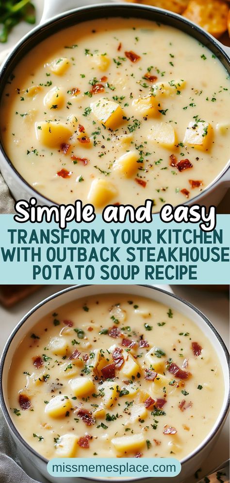 Dive into the warm, creamy goodness of the famous Outback Steakhouse Potato Soup right in your own kitchen. This copycat recipe is packed with tender russet potatoes, smoky bacon, and a hint of garlic, creating a flavor explosion that rivals your favorite restaurant. Perfect for chilly evenings or as a comforting appetizer, this hearty potato soup is easily customizable—add extra cheese or spices to make it your own. Follow our step-by-step instructions to impress your family and friends Steakhouse Potatoes, Instant Potatoes, Fresh Potato, Outback Steakhouse, Potato Soup Recipe, Recipe From Scratch, Russet Potatoes, Bacon Bits, Copycat Recipe