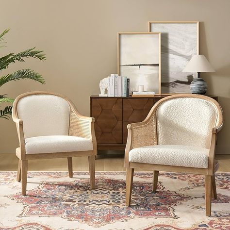 Amazon.com: HULALA HOME Mid Century Modern Rattan Chair, Upholstered Fabric Accent Chair with Solid Wood Frame, Retro Living Room Chair for Bedroom/Fire Place/Reading Room, Set of 2, Ivory : Home & Kitchen Livibg Room, Home Mid Century Modern, Havenly Living Room, Home Mid Century, Farmhouse Inspired Decor, Chair For Bedroom, Wood Armchair, Retro Living Room, Coffee Chairs