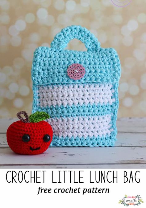 Crochet this cute little lunch bag for kids or adults with a button closure. Free crochet pattern for school and work! Crochet Lunch Bag, Lunch Bags Pattern, Lunch Bag For Kids, Crocheted Bags, Crochet Hack, Crochet Shell Stitch, Purse Crafts, Crocheting Ideas, Mini Mochila