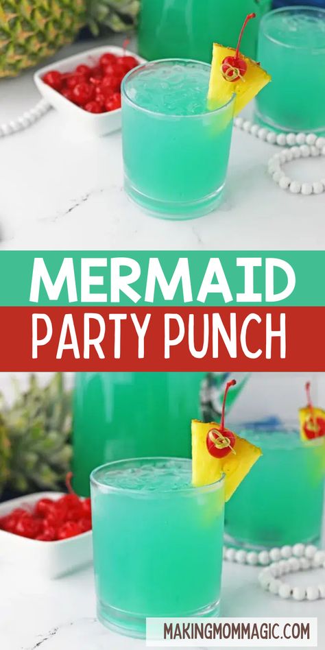 This delicious and easy Mermaid Punch is perfect for a mermaid themed party, pool party, and more! Mermaid Themed Food, Hawaiian Theme Party Food, Pool Party Punch, Mermaid Punch, Pirate Punch, Pool Party Drinks, Mermaid Birthday Party Food, Mermaid Food, Easy Party Punch