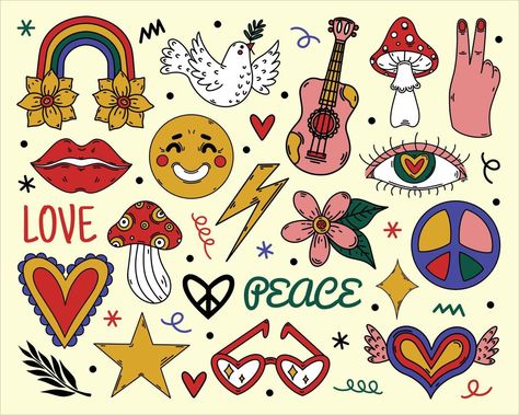 Retro Doodles, Yeti Kids, Hippie Symbols, 70s Fashion Hippie, Tattoo Background, Yearbook Themes, Bullet Journal Themes, Journal Themes, Rainbow Stickers