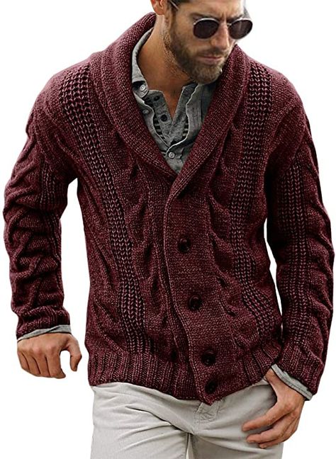 Karlywindow Mens Cable Knit Cardigan Sweater Shawl Collar Loose Fit Long Sleeve Casual Cardigans Burgundy at Amazon Men’s Clothing store Mens Cable Knit Cardigan, Mens Shawl Collar Cardigan, Pullover Mode, Cable Knit Sweater Cardigan, Shawl Collar Cardigan, Classic Cardigan, Knit Cardigan Sweater, Collar Cardigan, Casual Cardigans