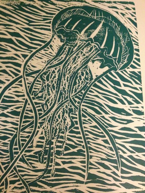 Jellyfish Linoleum Block Print Jellyfish Linocut, Linoleum Print Ideas, Jellyfish Lino Print, Seahorse Lino Print, Block Print Fish, Mermaid Linocut, Octopus Lino Print, Sea Life Lino Print, Linoleum Prints