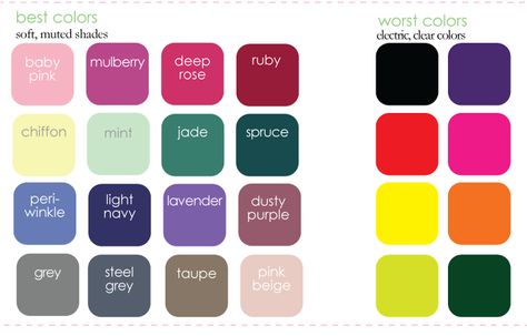 my best and worst colors as a "soft summer" Cool Summer Worst Colors, Light Summer Worst Colors, Soft Summer Worst Colors, Warm Spring Color Palette, Light Spring Color Palette, Soft Summer Palette, Soft Summer Color Palette, Light Spring Colors, Soft Summer Colors