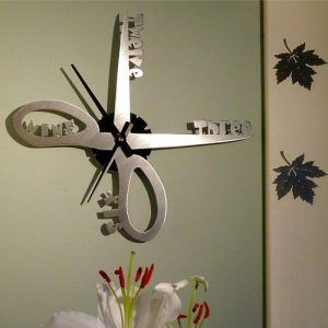 It’s great to find home decor products that are both functional and decorative and this fun scissors design wall clock is just that. Part funky wall art, and part a time-telling device, the design of this clock is really unusual and is sure to catch people’s attention when it’s on your wall. The clock is … Home Hair Salons, Scissors Design, Hair Salon Design, Hair Salon Decor, Salon Suites, Funky Wall Art, Cool Clocks, Salon Furniture, Salon Style