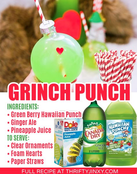 Merry Grinchmas! Add some extra fun to your Christmas party with this delicious green Grinch Punch served up in Christmas ornaments. It's so festive! Grinch Christmas Brunch Ideas, Preschool Christmas Party Ideas Food, Christmas Grinch Drink, Cute Christmas Snacks For Party, Christmas Refreshment Ideas, Christmas Party Ideas For Preschoolers, Boozy Grinch Punch, Non Alcoholic Grinch Punch, Christmas Party Drink Station