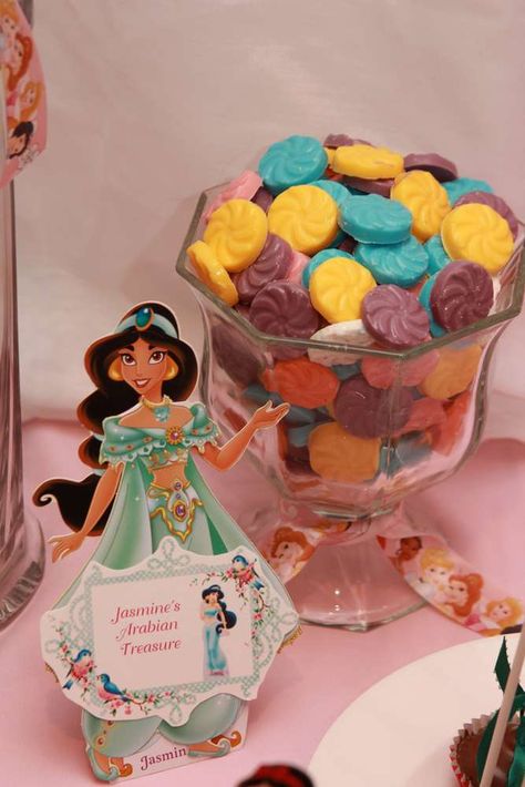 Evie's Royal 5th Birthday Bash | CatchMyParty.com Princess Jasmine Party Food, Disney Princess Candy Table Ideas, Princess Birthday Party Food, Princess Party Food, Princess Jasmine Party, Princess Jasmine Birthday, Jasmine Party, Jolly Ranchers