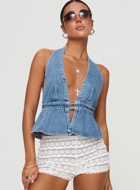 Sequoia Top Denim Denim Vests, Summer Denim, Women Halter, Cropped Tops, Club Party, Princess Polly, Denim Top, Design