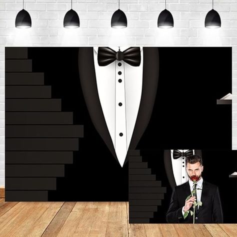 Amazon.com : OERJU Black Gentleman Tuxedo Backdrop Black Tuxedo Suit Bow Tie White Shirts Photography Background for Father's Day Men Adults Birthday Party Banner Art Portraits Photo Props 10x7ft : Electronics Tuxedo Backdrop, Masculine Birthday Party, Masculine Party, Shirts Photography, Suit Bow Tie, Bond Party, 50th Birthday Party Games, Black Tuxedo Suit, James Bond Party