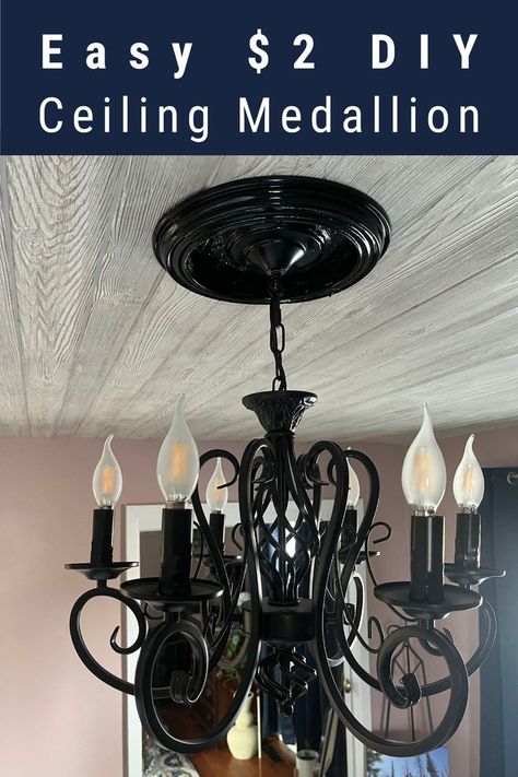 A DIY ceiling medallion surrounds a black chandelier in a pink cottage master bedroom. Diy Ceiling Medallion, Ceiling Medallions Diy, Refinish Wood Furniture, Types Of Ceilings, Chandelier Chain, Stripping Paint, Ceiling Texture, Popcorn Ceiling, Diy Ceiling