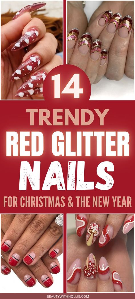 Trendy Red Glitter Nails For Christmas & The New Year Glitter Nails For Christmas, Red Wine Nails, Red Glitter Nails, Christmas Party Nails, Nails Festive, Festive Nails, Red Nails Glitter, Wine Nails, Red Christmas Nails