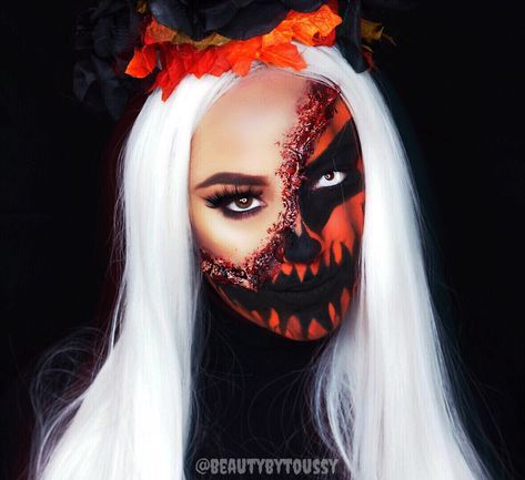 Pumpkin Makeup Look! Half Face Makeup Look! Halloween Makeup Ideas / SFX MAKEUP Half Face Makeup, Pumpkin Makeup, Make Up Diy, Look Halloween, Scary Halloween Decorations Outdoor, Horror Make-up, Halloween Makeup Diy, Halloween Makeup Ideas, Pretty Halloween