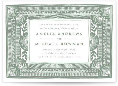 This design uses an original block printed frame to create a bold, unique invitation Fern Wedding, Grey Wedding Invitations, Sage Wedding, Purple Wedding Invitations, Card Format, Grey Wedding, Green Wedding Invitations, Border Frame, Printing Wedding Invitations