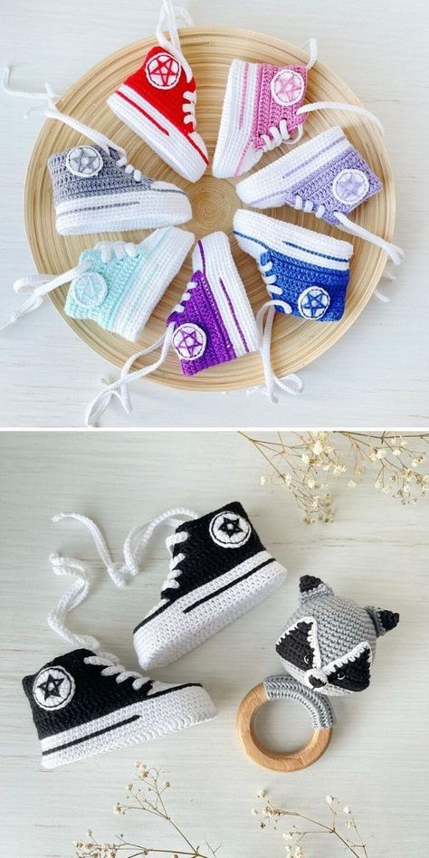 Crochet Baby Converse Booties - Pattern Ideas and Inspiration Crochet Converse Pattern Free, Crochet Converse Pattern, Shoe Crochet, Crochet Baby Shoes Tutorial, Sandal Rajut, Crochet Converse, Converse Baby, Motifs Granny Square, Crochet Baby Booties Pattern