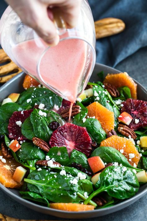 Apple Citrus Spinach Salad with Blood Orange Dressing Spinach Salad Dressing Recipe, Citrus Salad Dressing, Spinach Salad Dressing, Cranberry Spinach Salad, Blood Orange Recipes, Fancy Salads, Christmas Salad Recipes, Platter Ideas, Citrus Dressing