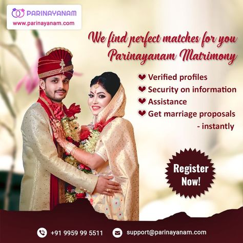 We find perfect matches instantly for you in all communities & castes - Parinayanam Matrimony. Register Now and find your ideal profile instantly. http://parinayanam.com/ Why choose us? 1) Verified profiles 2) Security on information 3) Assistance 4) Get marriage proposals instantly Matrimonial Sites, Matrimonial Services, Indian Wedding Couple, Fb Ads, Marriage Proposals, Creative Ads, Wedding Couples, Perfect Match, Indian Wedding