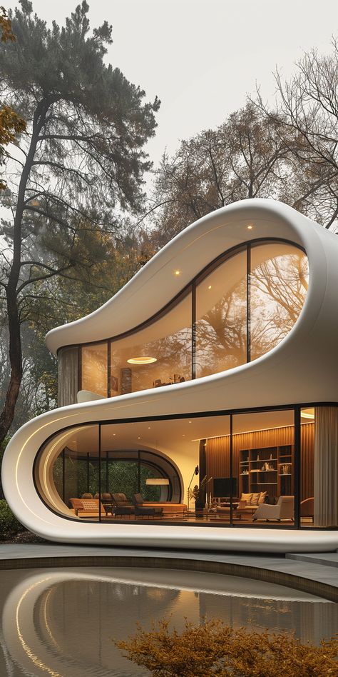 Futuristic Elegance: A Modern Architectural Masterpiece Amidst Nature Modern Futuristic House Interior, Architecture Inspired By Nature, Futuristic House Interior, Modern Futuristic House, Futuristic Elegance, Waterfront Architecture, Futuristic House, Pod House, Buddha Art Drawing