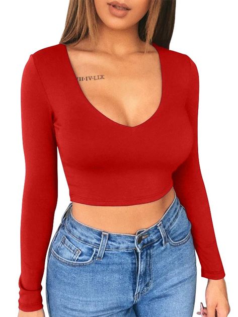 Bodycon Casual, Colorful Crop Tops, Cropped Tops, Ladies Tee Shirts, Hipster Fashion, Long Crop Top, Casual Tops For Women, V Cut, Stay At Home