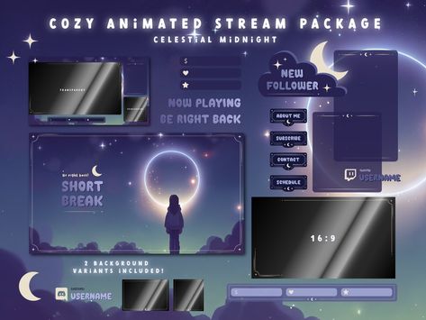 Cozy Celestial Twitch Overlay Stream Package - CELESTIAL midnight - Animated - Twitch Overlay Lofi - Twitch Overlay Cozy Streaming Layout Design, Space Twitch Overlay, Stream Overlay Ideas, Streaming Layout, Twitch Overlay Templates, Twitch Themes, Vtuber Stream Overlay, Twitch Overlay Ideas, Stream Overlay Design