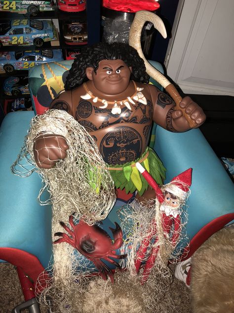 Moana Maui elf on the shelf. Stuff around the house. Easy funny #elfontheshelf Moana Maui, Awesome Elf On The Shelf Ideas, Shelf Ideas, On The Shelf, Moana, Elf On The Shelf, Maui, Room Ideas, Kids Toys