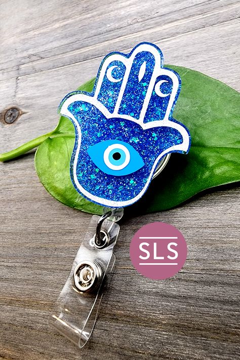 Blue Hamsa Evil Eye Badge Reel-Hand of Fatima Badge-Spiritual ID Holder-Mystical Badge Holder-Hamsa Hand Symbol Badge Holder Blue Hamsa, Hamsa Evil Eye, Hand Symbols, Hand Of Fatima, Hamsa Hand, Badge Holder, Id Holder, Badge Holders Lanyard, Badge Holders