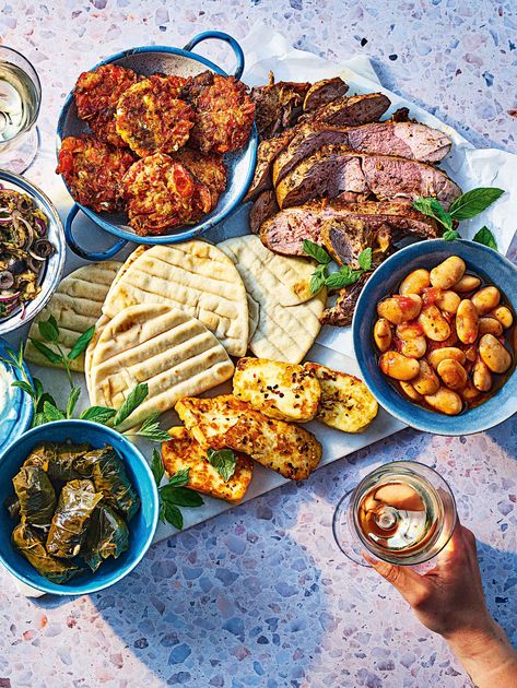 Greek-style sharing board recipe | Sainsbury`s Magazine Meat Grilled Cheese, Wimbledon Recipes, Lamb Gyros, Buffet Ideas, Red Onion Relish, Onion Relish, Greek Style, Middle Eastern Recipes, Food Trends