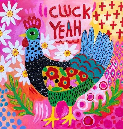 Abstract Chicken Art, Julia Eves Art, Collage Quotes, Artist Of The Week, Chicken Pictures, Chicken Painting, Bunny Painting, Moroccan Art, Whimsical Paintings