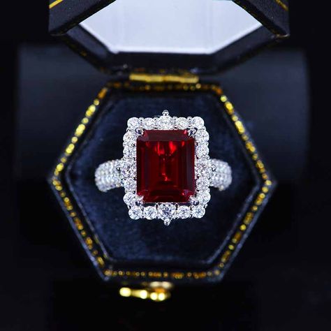 Emerald Cut Ruby Engagement Ring. . . . #emeraldcut #genuine #rubyring #rubyred #rubyengagementring #whitegold #engagement #engagementring #haloring #engagementrings #engagementringideas #EngagementRingInspiration #engagementringgoals #Rubys #rubyjewelry Engagement Ring With Eternity Band, Ruby Engagement Ring Gold, Ruby Jewelry Ring, Red Engagement Ring, Center Stone Engagement Ring, Ruby Wedding Rings, Engagement Ring Halo, Ruby Ring Gold, Emerald Engagement Ring Cut