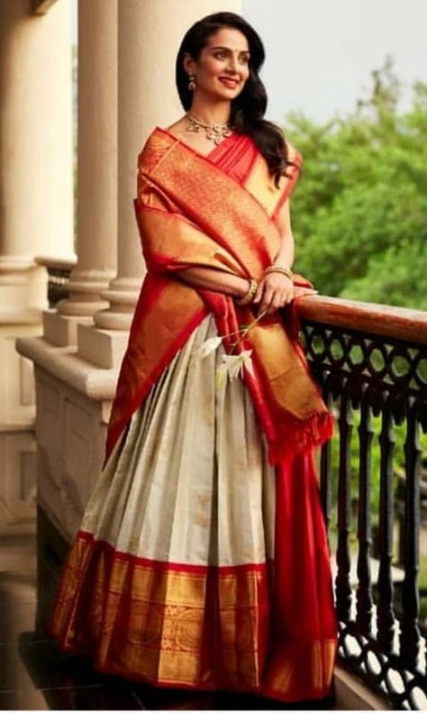 Drape Silk Sarees Like A Dupatta With Regular Lehnga’s And Skirts #Threads #WeRIndia Orang India, South Indian Bride Saree, Sari Lehenga, Lehenga Style Saree, Pengantin India, Lehenga Saree Design, Half Saree Lehenga, Gaun Fashion, Lehenga Style