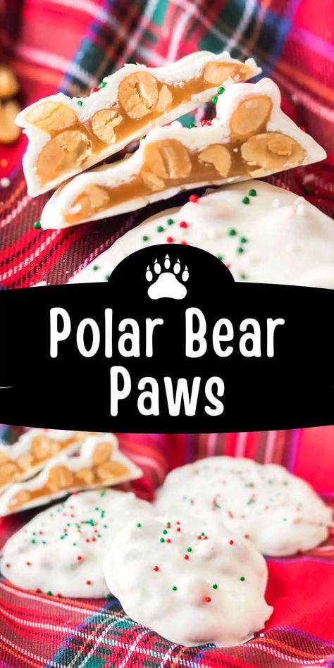 Polar bear paws candy is a delicious combination of buttery caramel and salty peanuts coated in sweet white chocolate-- absolutely heavenly! White Bark Candy Holiday Treats, White Chocolate Christmas Candy, Christmas Candy And Treats, White Chocolate Candy Recipes, Crockpot Christmas Candy, Polar Bear Paws, Cornflake Candy, Sees Candy, Candy Platter