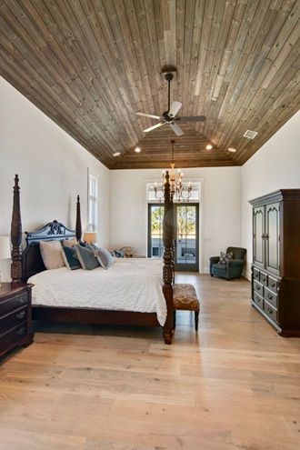 Palm Grove Farmhouse Project | UFP-Edge - UFP-Edge Florida Farmhouse, Vault Ceiling, Gray Shiplap, Warm Wood Flooring, Porch Ceiling, Charred Wood, Morning Room, White Shiplap, Bedroom Ceiling