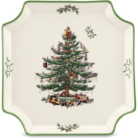 Spode Christmas Tree Square Canape Plate - New Spode Christmas Tree has graced tables all over the world since 1938 with its classic Christmas Tree motif and green band accent. Christmas Platter, Christmas Tree Collection, Christmas Squares, Classic Christmas Tree, Christmas Tableware, Christmas Tree Cake, Spode Christmas Tree, Spode Christmas, Red Border