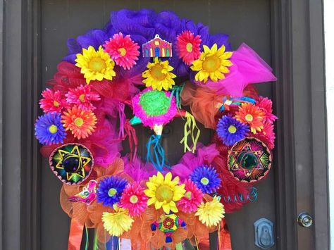 Colorful Wreaths, Fiesta Wreath, Mexico Christmas, Tin Ornaments, Mini Pinatas, Colorful Wreath, Punched Tin, Wire Wreath Frame, Door Wreaths Diy