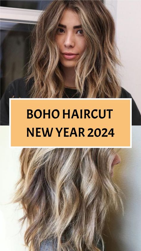 Boho Haircut New Year 2024 Boho Medium Length Hair, Boho Shoulder Length Hair, Long Boho Haircuts, Haircuts 2024 Women Trends, Boho Haircut Medium, Boho Shag Haircut, Boho Hairstyles Medium, Boho Haircut, Natural Haircut Styles