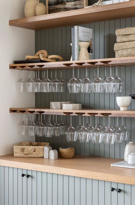 Lindye Galloway, Bar Nook, Bar Shelves, Glass Interior, Built In Bar, Wine Shelves, Transitional Living, Wine Glass Rack, Wine Glass Holder