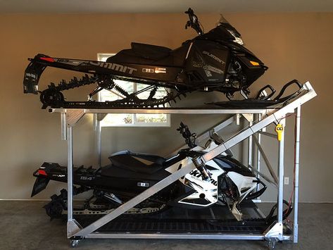 Snowmobile/ATV Storage Lift | Freestyle Projects Snowmobile Storage Rack, Snowmobile Gear Storage, Snowmobile Storage, Snowmobile Lift, Atv Storage, Snowmobile Trailers, Storage Lift, Snow Cabin, Carport Garage