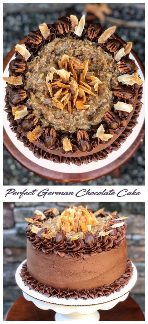 German Chocolate Cake Decorating Ideas, Pretty German Chocolate Cake, Decorated German Chocolate Cake, German Chocolate Cake Decorated, White German Chocolate Cake, German Chocolate Cake Frosting Recipe, Bakery Favorites, German Chocolate Cake Recipe, Coconut Pecan Frosting