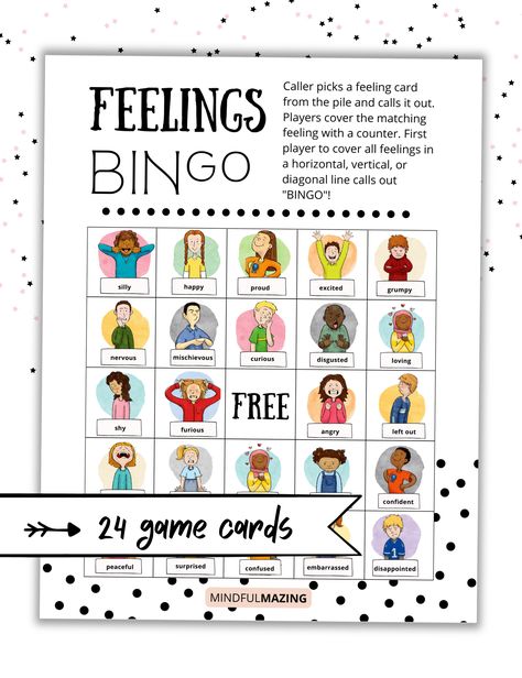 Printable Feelings BINGO is the perfect SEL learning game Our instant PDF file makes printing and assembly easy for parents, teachers, and school counselors, This emotions bingo game printable includes 24 unique game cards and 30 emotion callouts. It's perfect for families, classrooms, and parties. #feelingsbingo #emotionsbingo Feelings Bingo, Social Skills Activities For Kids, Social Skills Games, Bingo Games For Kids, Free Bingo Cards, Bingo For Kids, Feelings Activities, Emotions Cards, Social Skills For Kids