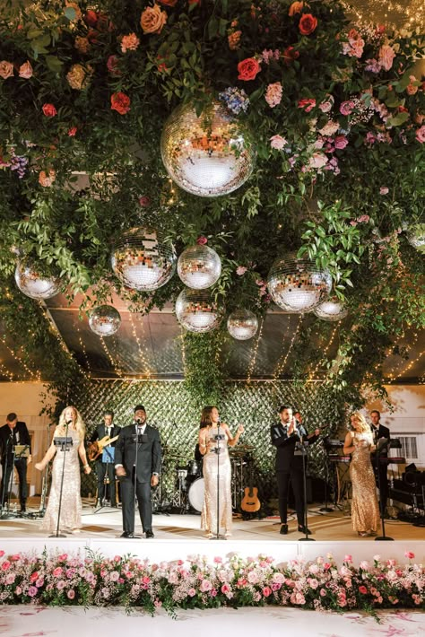 Disco Ball Installation, Victoria Evans, Rosewood Baha Mar, Pink Floral Border, Ball Installation, Baha Mar, Dance Floor Wedding, Garden Wedding Reception, Wedding Reception Flowers