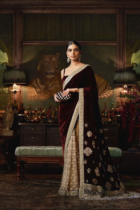 FIRDAUS by Sabyasachi on Behance Velvet Saree With Pallu For Wedding, Formal Saree With Resham Embroidery For Navratri, Elegant Velvet Saree With Pallu, Velvet Saree For Diwali Party, Elegant Velvet Saree For Party, Diwali Party Velvet Saree, Elegant Velvet Party Saree, Semi-stitched Velvet Saree For Designer Wear, Velvet Party Saree In Traditional Drape