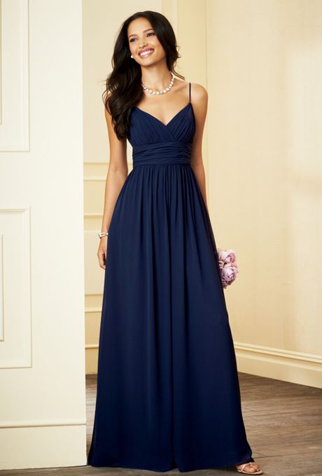 Brides: Alfred Angelo. Floor Length chiffon jumpsuit with V-neckline and spaghetti straps. Available in 62 dream in color shades. Navy Blue Prom Dress, Navy Blue Prom Dresses, Navy Blue Bridesmaid Dresses, Spaghetti Strap Prom Dress, Navy Bridesmaid Dresses, Floor Length Prom Dresses, Alfred Angelo, Evening Dress Floor Length, Blue Bridesmaid Dresses