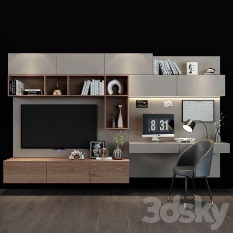 Tv And Office Wall, Tv Wall Unit With Desk, Tv Wall Design With Study Table, Tv Desk Living Room, Apartemen Studio, Bedroom Tv Wall, Living Room Wall Units, Tv Unit Interior Design, Tv Shelf