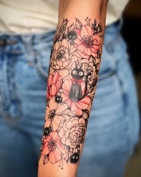 Floral Studio Ghibli Tattoos, Studio Ghibli Leg Tattoo, Pokémon Tattoo Sleeve, Anime Wrist Tattoo, Flower Tattoos Cover Up, Ghibli Sleeve Tattoo, Pokemon Tattoo Sleeve, Anime Flower Tattoo, Studio Ghibli Tattoo Sleeve