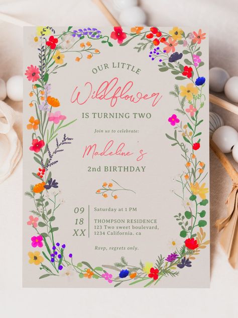 Modern chic boho bright wild flowers 2nd birthday invitation Add a touch of bohemian elegance to your baby milestone, 2nd birthday with our Modern Chic Boho Bright Elegant Colorful wild flowers second birthday Invitation. Featuring pink, red, green, and purple hues botanical flowers inspired by wildflowers and watercolor rustic gardens with subtle greenery and modern boho script typography #birthday #happybirthday #birthdaycards #birthdayparty #2ndbirthday #boho #flowers #floral #wildflower Initials Wedding Invitation, Flower Birthday Invitations, Elegant Birthday Invitations, Colorful Invitations, Modern Birthday, Bright Boho, 2nd Birthday Invitations, Boho Garden, Wedding Initials